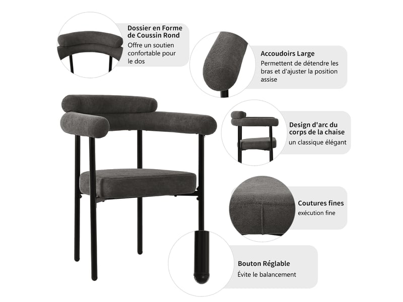  Chaise de salle à manger lot de 2 avec dossier ergonomique - lpospi - assise large, tissu suédine, gris foncé  - Conforama E