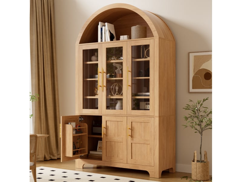  Buffet haut moderne 110x40x185 cm avec niche ouverte en arc, 3 portes vitrées, tablettes réglables, mdf, naturel  - Conforama E