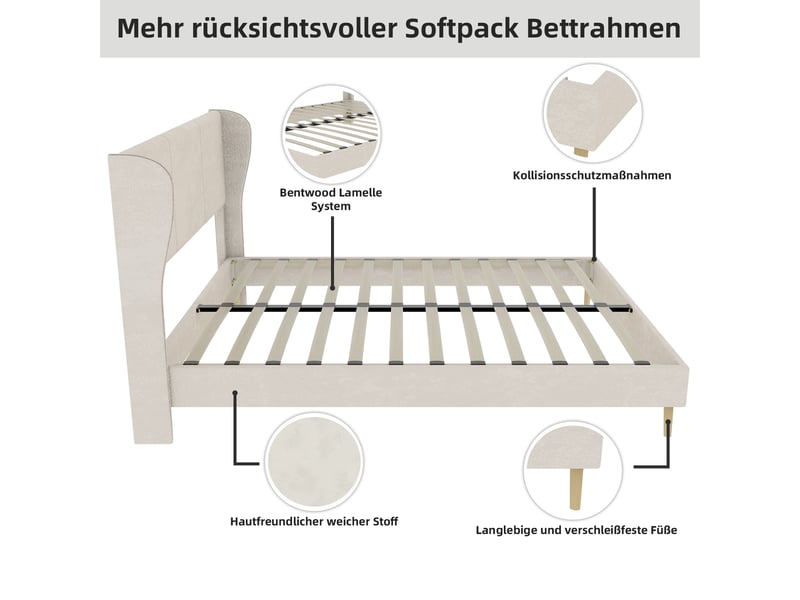  Lit adulte 140 x 200 cm, lit double, avec tête de lit et sommier, base basse, velours beige, sans matelas  - Conforama E