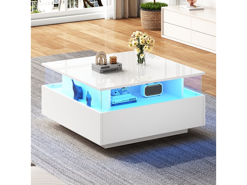  Table basse blanche brillante carrée 70x70 cm avec éclairage led et 2 tiroirs - design moderne  - Conforama E