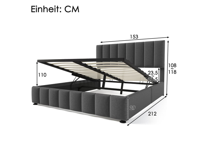  Lit coffre, 140x200 cm, hydraulique doté d’un espace de rangement, tête de lit réglable, matelas inclus, coloris gris  - Conforama C