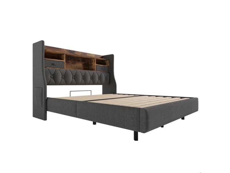 Lit flottant rembourré led avec rangement et usb-c, gris, 140x200 cm Fay Lum - Conforama W