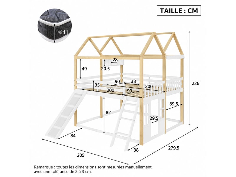  Lit mi-hauteur enfant avec toboggan, échelle réversible et espace de jeu - 90 x 200 cm - blanc et naturel  - Conforama C