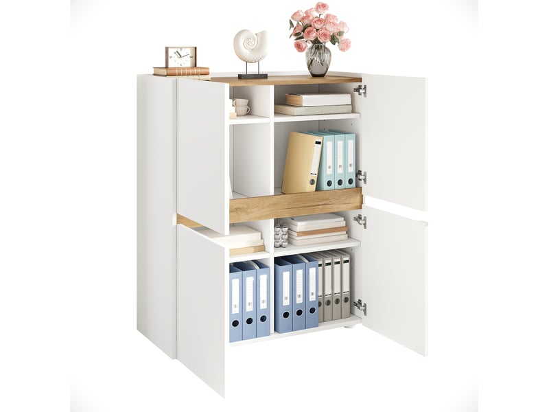 Armoire de rangement 90x40x110 cm – blanc et chêne clair – 4 portes, étagères réglables pour bureau - Conforama A