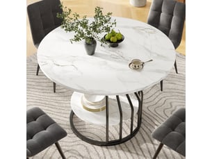 Table à manger ronde, plateau mdf finition marbre, capacité 4 personnes, pour cuisine et salon, 80 x 80 x 76 cm – noir et blanc