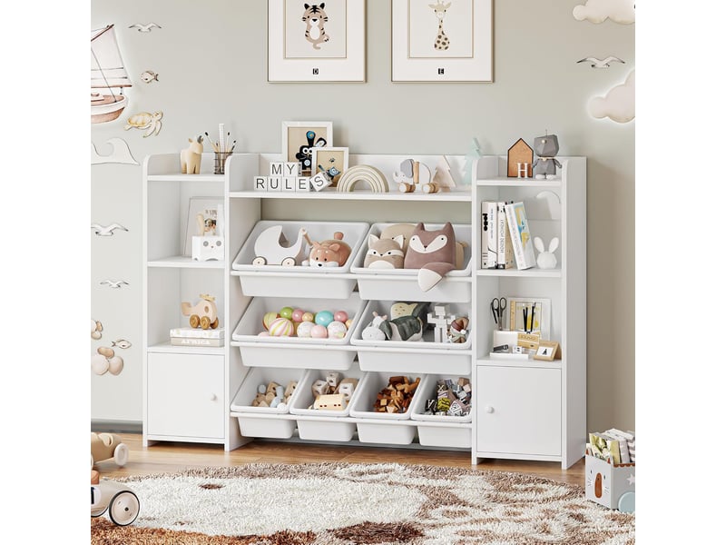 Meuble de rangement jouets enfant bibliothèque enfant avec 8 boîtes amovibles 9 étagères organisateur de jouets blanc - Conforama D