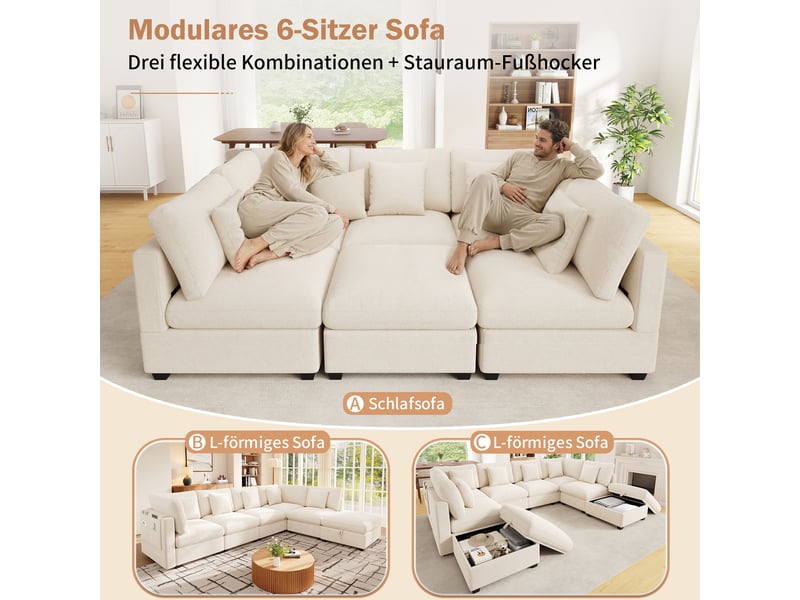 Canapé d'angle modulaire 6 places convertible avec rangement - poches latérales, chenille beige - Conforama C