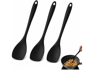 3 pcs cuillères en silicone 27 cm noir, résistantes à 210°c, antiadhésives sans rayures, ustensiles cuisine pour mélanger cuire servir