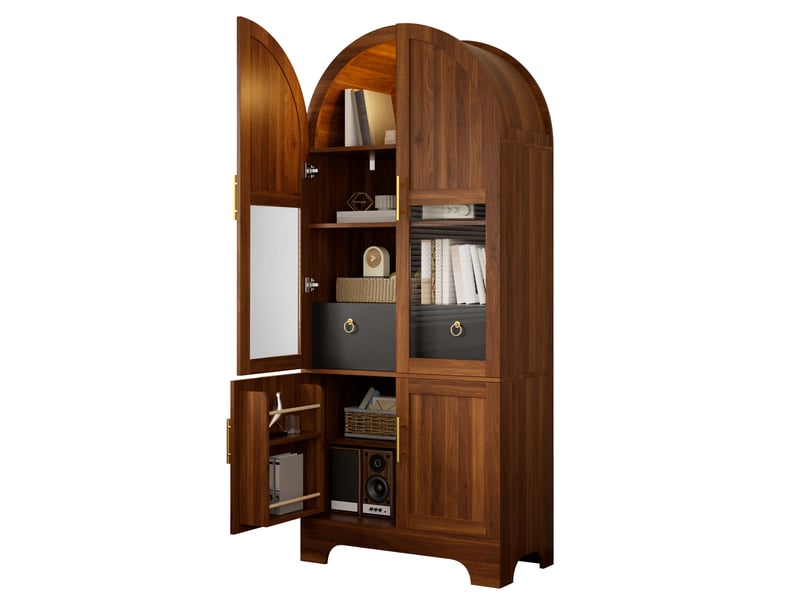  Vitrine haute 76×40×180cm à façade cintrée, éclairage led, 4 portes, 1 tiroir et façade vitrée,noyer  - Conforama A