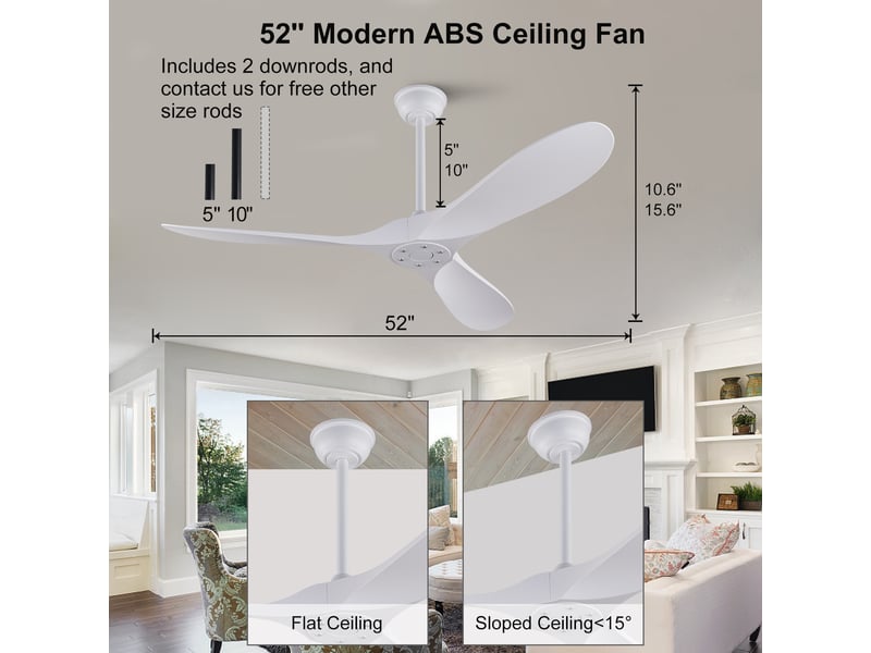  Ventilateur de plafond 132 cm sans éclairage 3 pales abs blanc réversible télécommande silencieux minuterie et mémoire  - Conforama E