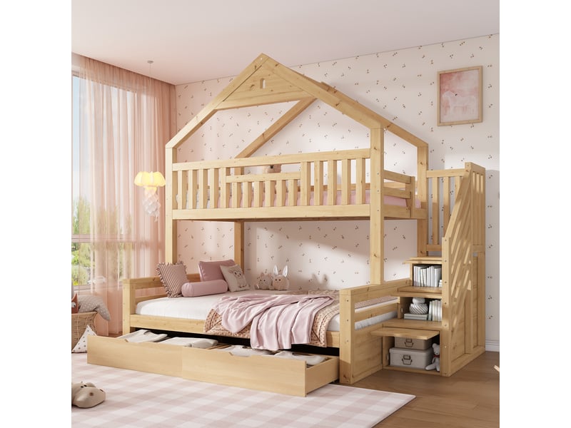 Lit superposé cabane enfant 90x200 + 140x200 cm - 2 couchages, escalier, toit pignon et 2 tiroirs - bois, mdf et contreplaqué - chêne CozyNest - Conforama D
