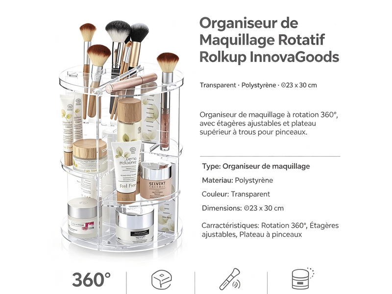  Organiseur de maquillage rotatif rolkup innovagoods transparent 30 cm V0103592 - Conforama E
