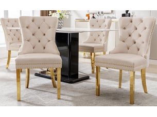 Lot 4 chaises velours beige, dossier anneau, pieds inox doré, style élégant