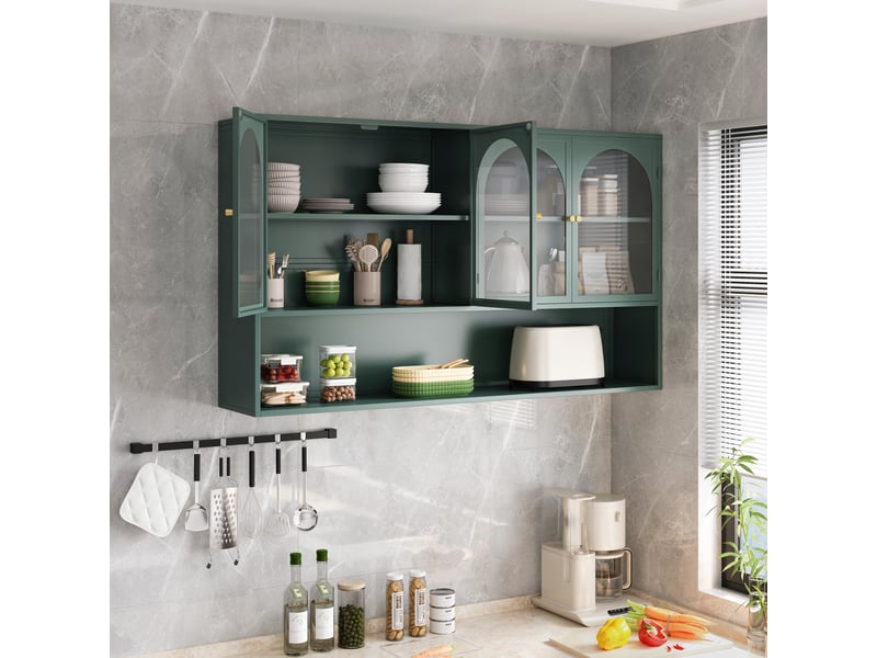 Buffet de cuisine - 120x23x70cm - meuble haut, armoire murale 4 portes en verre gris & étagère, style industriel - vert - Conforama D