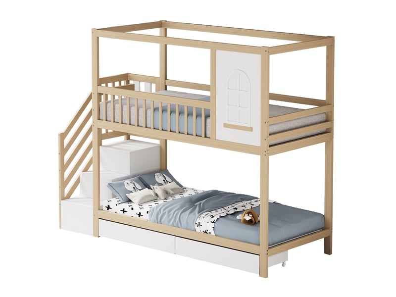  Lit enfant superposé, 90x200 cm, avec fenêtre, échelle protectrice, tiroirs pratiques, bois, coloris naturel et blanc  - Conforama A