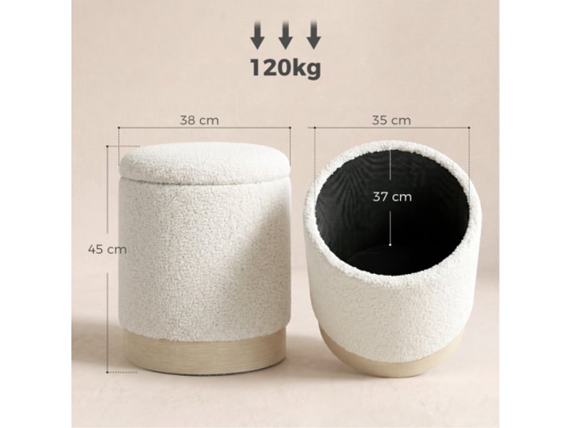  Pouf rond crème 38 cm avec revêtement sherpa, rangement et pied métal effet bois  - Conforama C