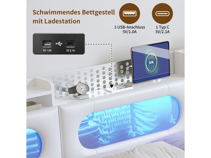  Lit coffre 140x200 cm - pu blanc - sommier à lattes - lit double - tête de lit avec led et ports usbtype-c  - Conforama D