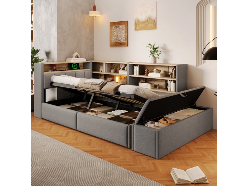  Canapé-lit, 90 x 200 cm, mécanisme hydraulique, élément de rangement latéral, avec bande lumineuse led, velours, gris  - Conforama D