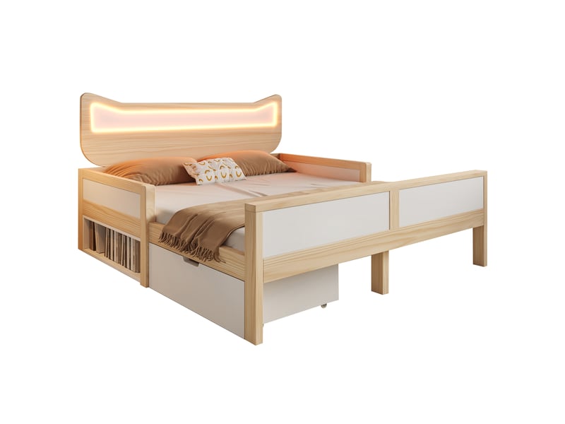 Lit enfant 140 x 200 cm avec tiroir et led rgb, pin et mdf, blanc et décor chêne - Conforama A