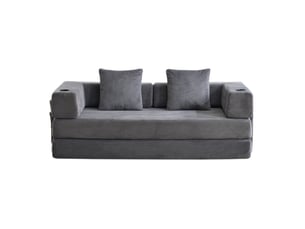 Sofa lit convertible gris foncé, lit d'appoint avec accoudoirs rétractables et support lombaire, confortable, avec porte-gobelet et poches latérales, tissu velours côtelé, pour salon et chambre