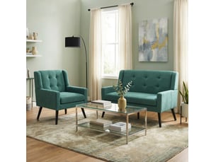 Lot de 2 fauteuils d'accent 1 place & 2 places mousse haute densité pieds en bois vert rétro