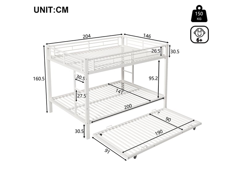  Lit superposé enfant 140 x 200 cm avec lit gigogne 90 x 190 cm en métal blanc  - Conforama C
