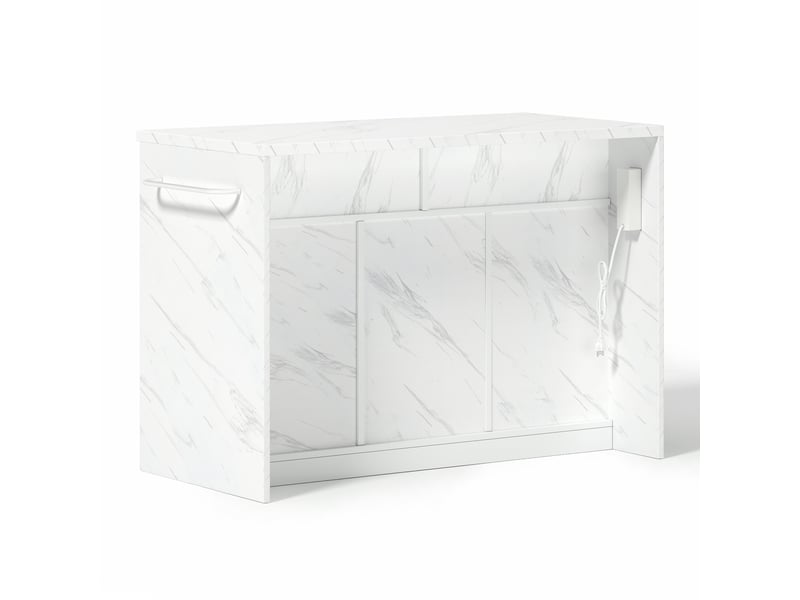  Îlot de cuisine 120x60x91 cm avec bar arrière, prises et usb, 2 tiroirs et 3 portes, plateau effet marbre en mdf, blanc  - Conforama D