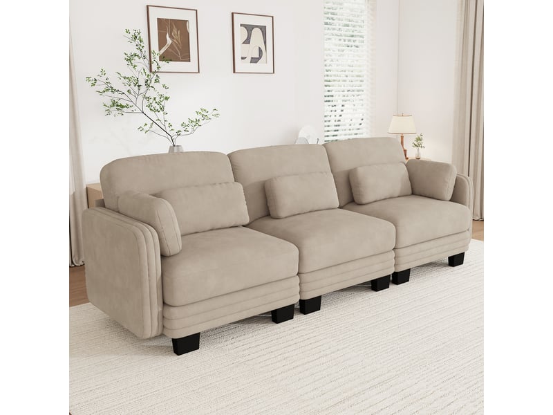  Canapé droit modulable 253 cm 3 places, accoudoirs amovibles, coussins lombaires épais à soutien renforcé, assise à ressorts ensachés, chenille, marron clair  - Conforama B