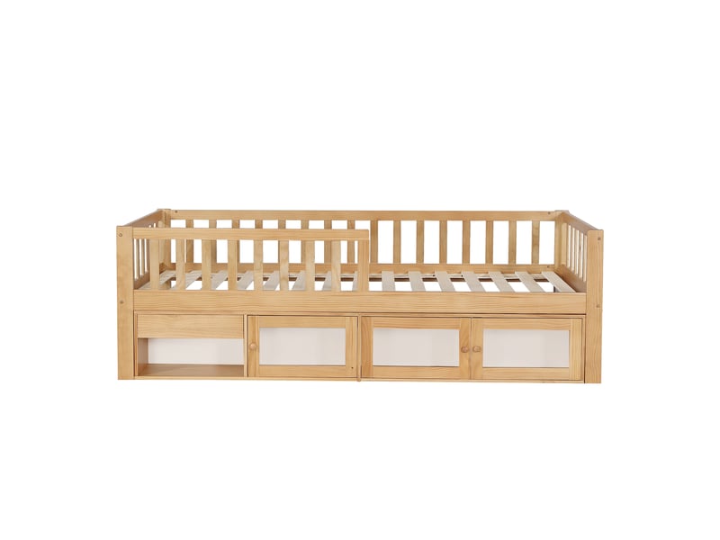  Lit enfant 90x200 capitonné beige - tête de lit en pu design vague cadre en bois massif  - Conforama R