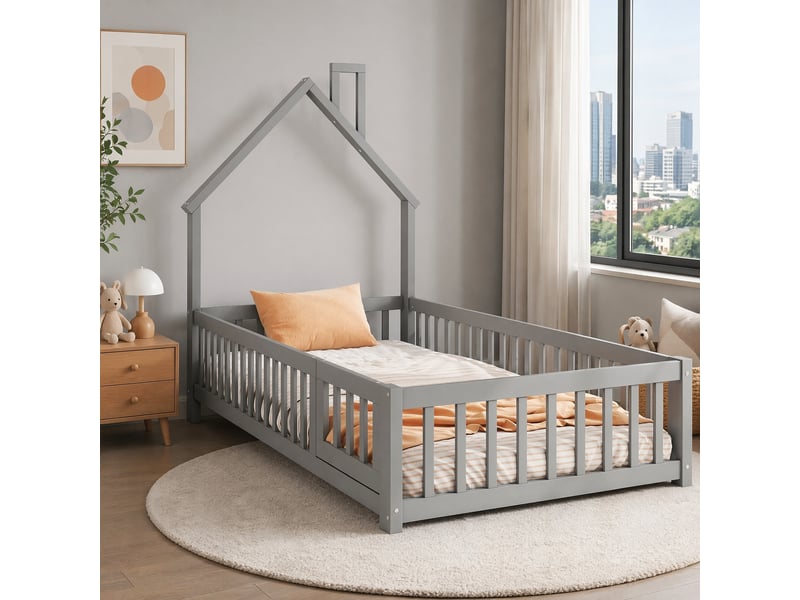  Lit cabane enfant 90x200 cm avec sommier à lattes et barrières, gris  - Conforama C