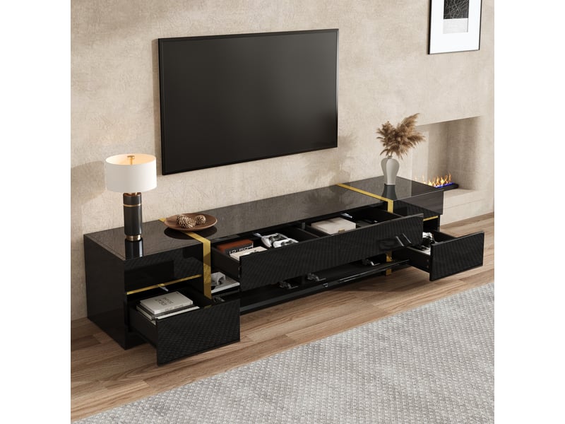  Meuble tv noir et or 180 cm finition brillante avec 4 tiroirs et 2 portes, banc tv moderne pour salon  - Conforama D