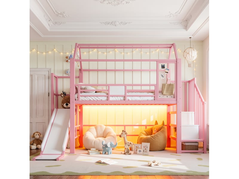  Lit mezzanine enfant tcqpz 90 x 200 cm avec toboggan escalier rangement led bluetooth rose  - Conforama B