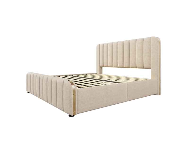  Lit double avec rangement 180 x 200 cm beige en lin, 4 tiroirs, matelas h3, usb et type-c au chevet  - Conforama D