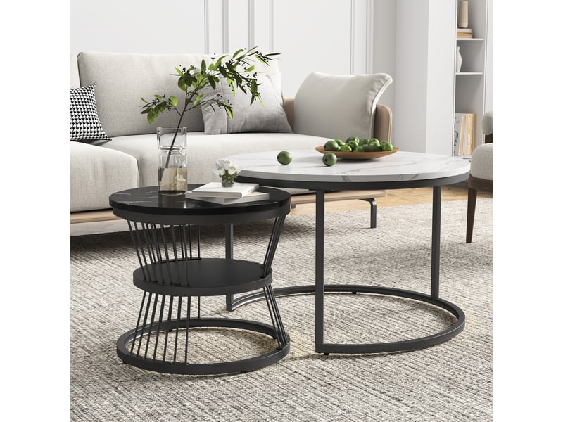  Lot de 2 tables basses rondes 7045cm noir et blanc - design industriel avec plateau effet marbre et étagère de rangement  - Conforama E