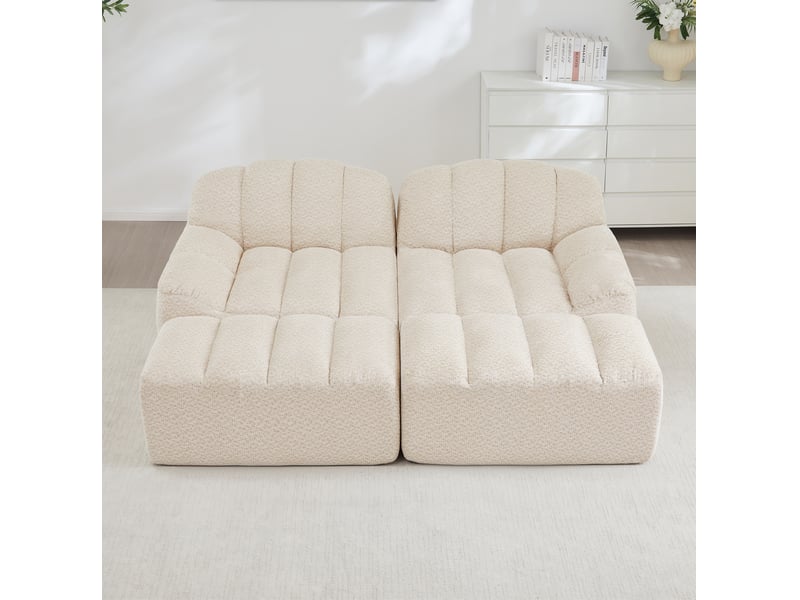  Canapé modulaire 2 places ulevr avec 2 poufs, 210 x 165 x 79 cm, mousse 32d, tissu bouclette beige et blanc  - Conforama D