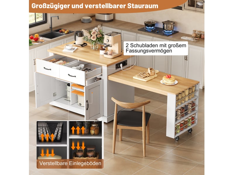 Îlot de cuisine avec table extensible, 2 portes, 2 tiroirs, prises et rangements, blanc et chêne, 132 × 60 × 93 cm - Conforama E