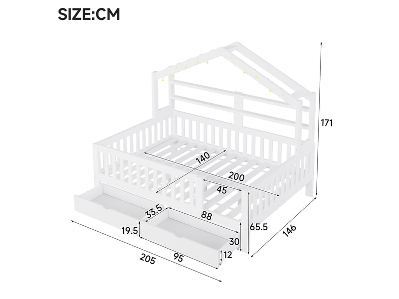 Lit cabane 90x200 cm avec éclairage led et 2 tiroirs de rangement, lit enfant en forme de maison avec toit et barrières de sécurité, pin et mdf blanc - Conforama E