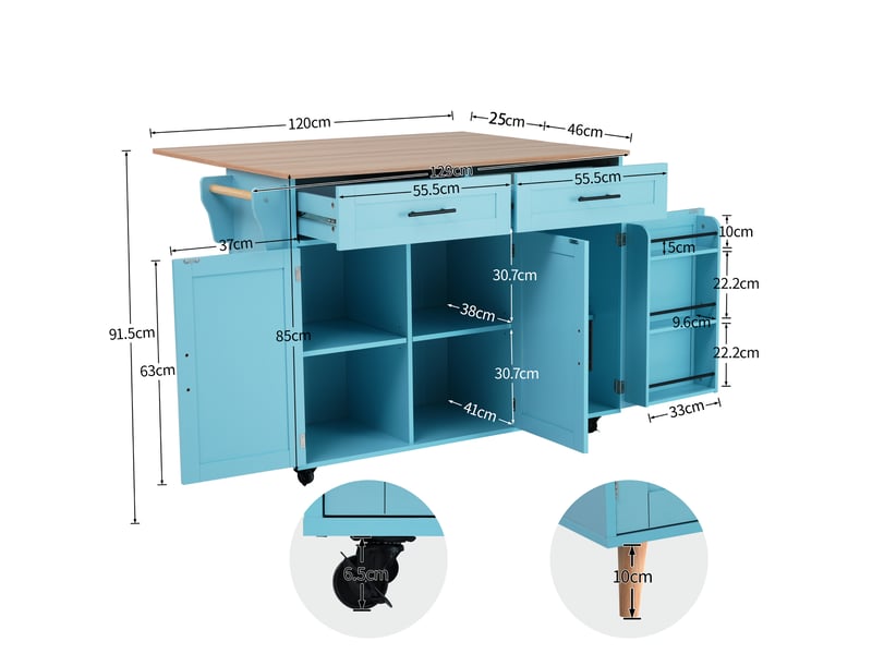 Desserte de cuisine bleue et bois naturel 129 × 4671 × 91,5 cm en mdf, plateau rabattable, rangements et roulettes - Conforama B