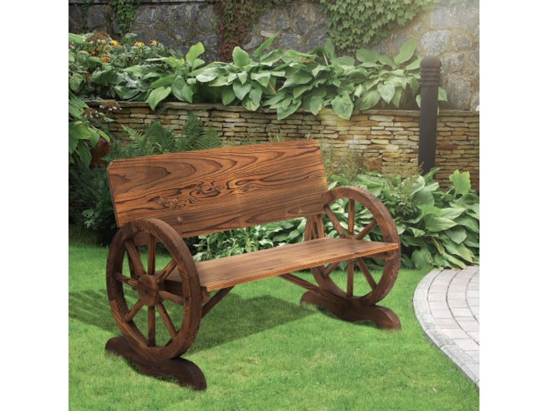  Banc de jardin 2 places en bois massif, accoudoirs, roues décoratives, 250 kg, 114x58x80 cm, marron  - Conforama B