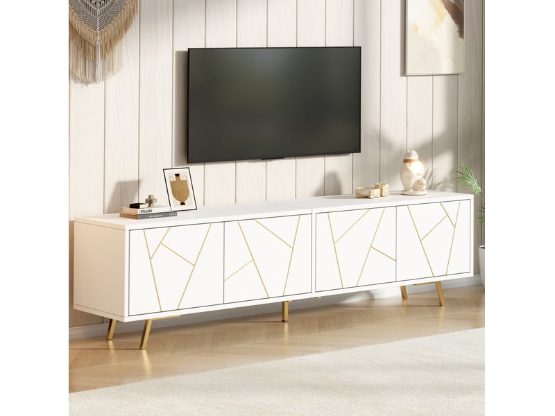  Meuble tv avec 4 portes et 8 compartiments, 5 pieds en métal, blanc et doré pour salon, 190 x 40 x 51,5 cm  - Conforama B