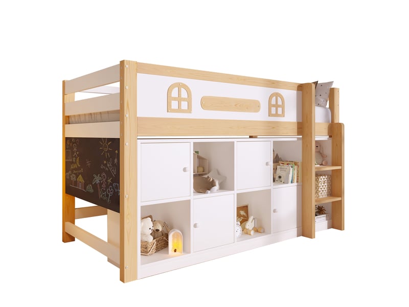  Lit mi-hauteur modenvie 90 x 200 cm avec tableau noir rangements intégrés échelle bois et mdf blanc et naturel  - Conforama A