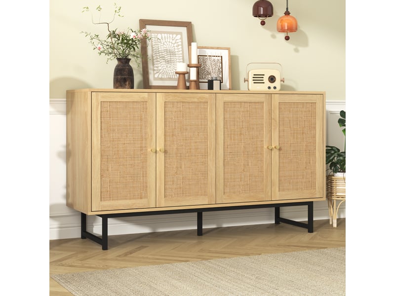  Buffet 4 portes en cannage de rotin 140x39,5x80 cm effet bois  - Conforama B