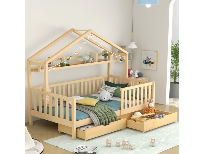  Modenvie lit cabane enfant 90x200 cm - avec 2 tiroirs et étagère intégrée, sans matelas - naturel  - Conforama B