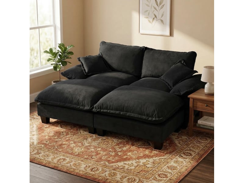  Canapé d'angle modulable 4 places noir en chenille avec 2 poufs mobiles et 2 coussins  - Conforama C
