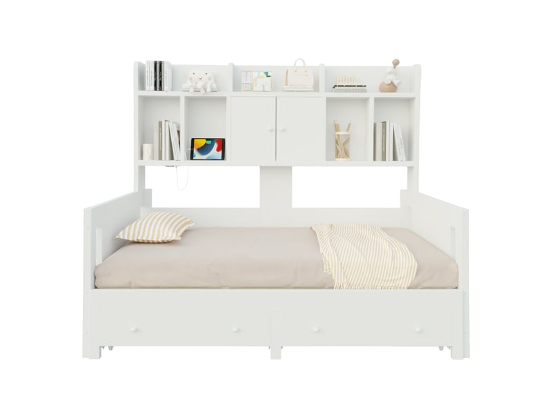 Lit gigogne 90x190 cm avec rangement - canapé lit extensible 180x190 cm - 2 tiroirs, led et prise - bois blanc - Conforama A
