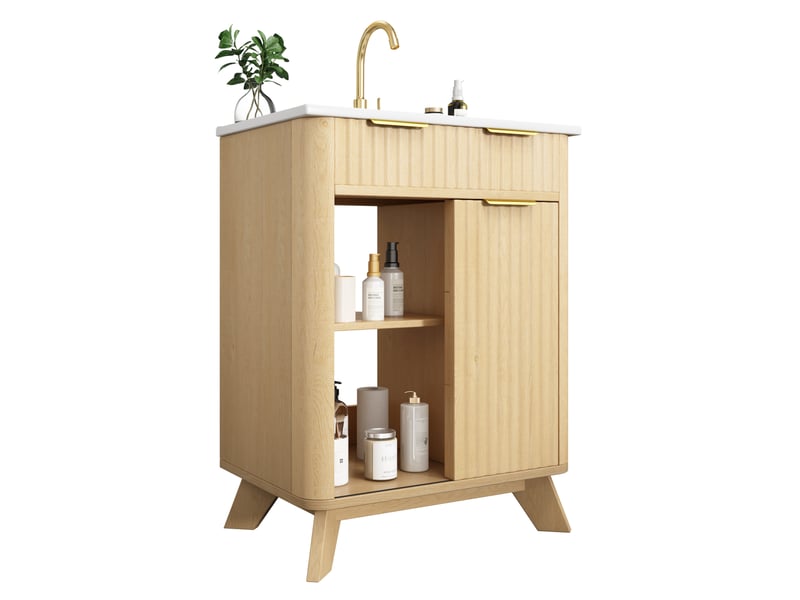 Meuble sous vasque 3 tiroirs et porte coulissante, vasque en céramique, pour salle de bain, bois naturel, 61 × 47 × 90 cm  - Conforama A