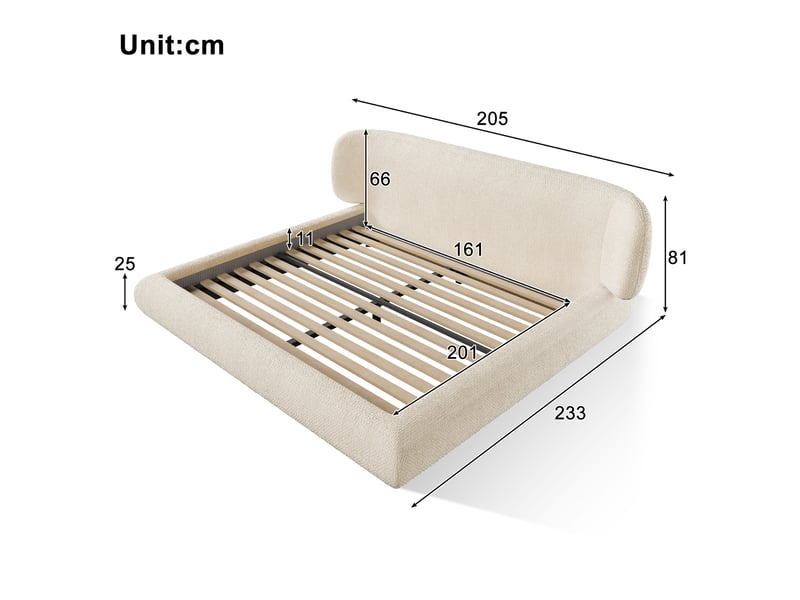 Lit double rembourré 160x200 cm avec sommier à lattes, lit adulte en chenille beige, sans matelas - Conforama C