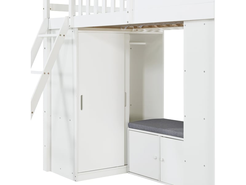  Lit mezzanine enfant 90x200 cm, blanc et bois clair, maison avec armoire, étagères et banquette, sans matelas  - Conforama D