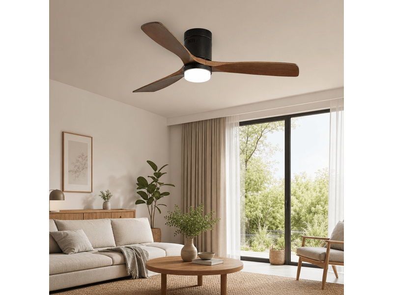 Ventilateur de plafond plat 132 cm avec lumière 3 pales en bois massif moteur réversible silencieux télécommande - Conforama B