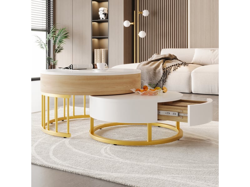  Table basse ronde 70x70x56 cm à plateau relevable mdf blanche et dorée  - Conforama C